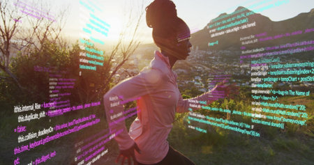 Image of data processing over african american woman running in nature. Global sport, fitness, digital interface and data processing concept digitally generated image.の写真素材