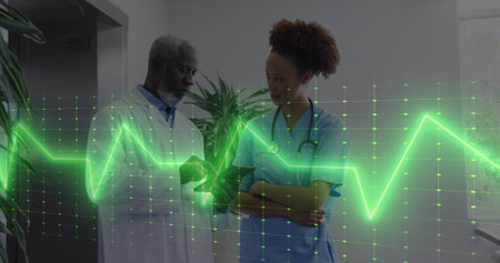 Image of heart rate monitor over diverse male doctor and healthworker discussing at hospital....