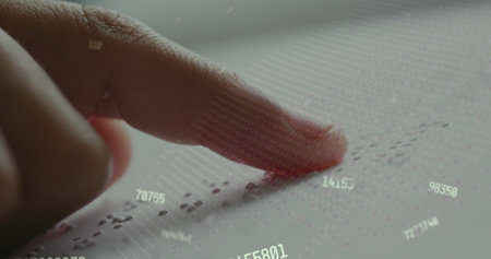 Image of numbers over caucasian schoolchild reading braille. Disability, school, learning and education concept digitally generated image.の写真素材