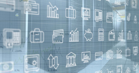 Image of multiple icons, graphs with changing numbers over data server racks. Digital composite, report, business, growth, education, data center, networking, technology, network server concept.の写真素材