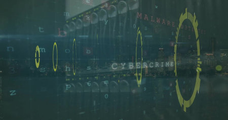 Image of circular scanner, data processing and security warning text over computer server room. Data, security, digital interface, cybercrime and global communication, digitally generated image.の写真素材