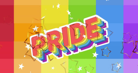 Image of pride text over stars and rainbow background. Pride, lgbtq, human rights and equality concept digitally generated image.の写真素材