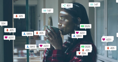 Image of social media data processing over biracial woman drinking tea. Global social media,...