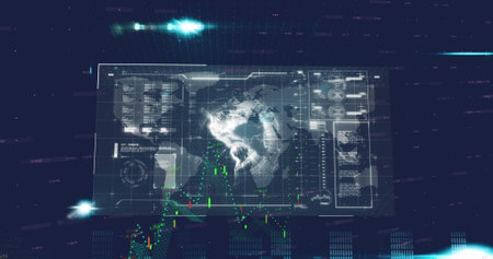 Man in dim room examining digital world map on screen, analyzing data. Bright icons and graphs...