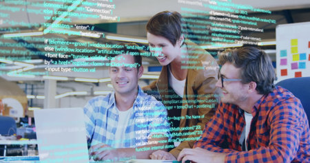 Image of multicolored computer language, caucasian coworkers sharing ideas in office. Digital composite, multiple exposure, programming language, teamwork, planning and technology concept.の写真素材