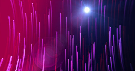 Bright blue and pink lights falling like rain in dark room. They creating a vibrant, dynamic...