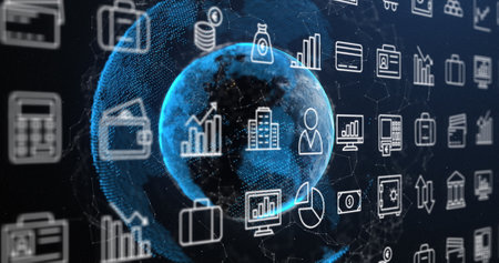 Image of multiple digital icons and network of connections over a globe against blue background. Computer interface and business technology conceptの写真素材