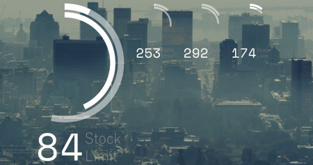 Image of financial data processing over cityscape. Global business, finances, computing and data...