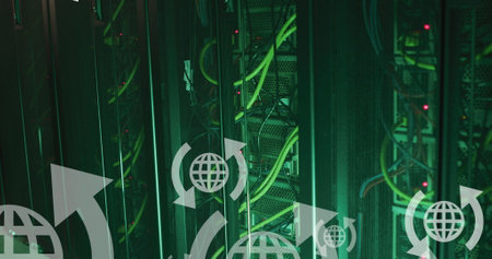 Image of globe with arrows icons over server room. Global technology and digital interface concept digitally generated image.の写真素材