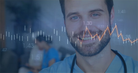 Image of financial data processing over diverse doctor and patient. Global finances, medicine and digital interface concept digitally generated image.の写真素材