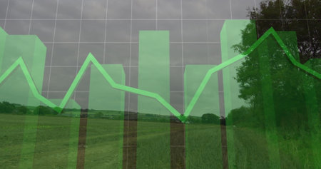 Green line graph overlaying serene countryside landscape, showing fluctuating trends. Trees and...