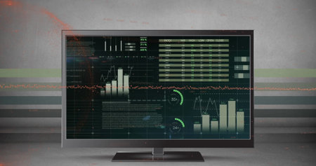 Image of red and white technology background over over diverse data on desk. Global business and...