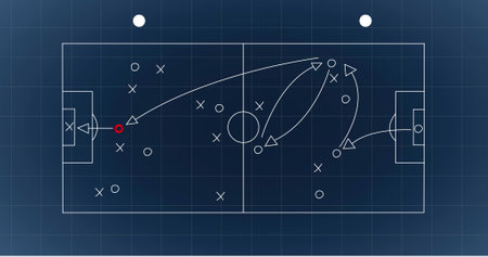 Coach explaining soccer tactics on blue background, players listening. Detailed strategy includes arrows indicating movement paths, enhancing understandingの写真素材