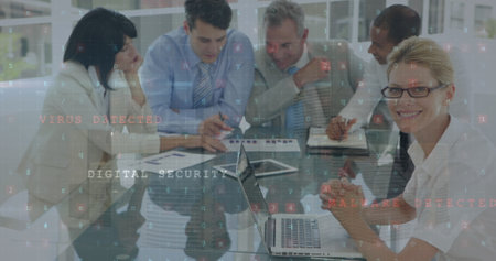 Image of online security data processing over business people in office. Global finance, business...