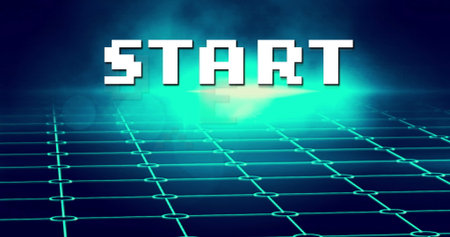 Bright blue neon lines forming grid on a dark background, glowing intensely. Large white letters...