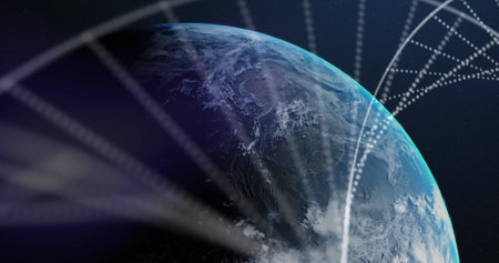 Image of dna strand and network of connections over globe. Global connections, computing and data processing concept digitally generated image.の写真素材