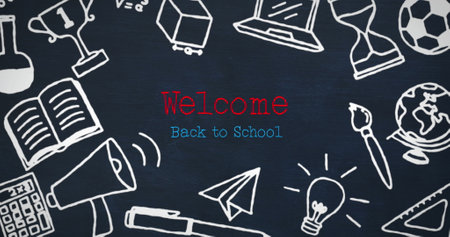 Image of welcome back to school text over school items icons. Global education and digital interface concept digitally generated image.の写真素材