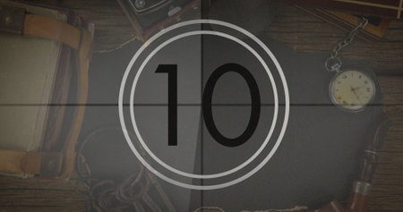 Image of ten number over vintage clock and travel items. travel and geography concept digitally generated image.の写真素材