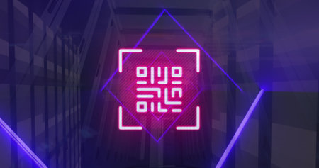 Image of qr code, neon lines, data processing over servers. Global online security, computing and data processing concept digitally generated image.の写真素材