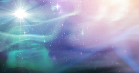 Image of stars and lights over blue and black background. cosmos concept digitally generated image.の写真素材