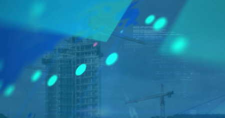 Image of data processing over world map against tall buildings. Global networking and business technology conceptの写真素材