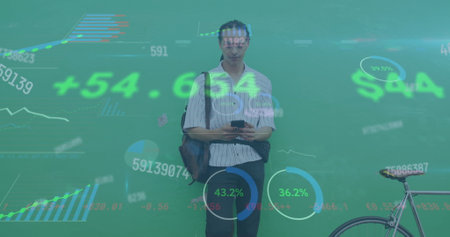 Image of graphs, changing numbers and trading board, biracial man beside bicycle using cellphone. Digital composite, multiple exposure, report, business, growth, stock market and technology.の写真素材