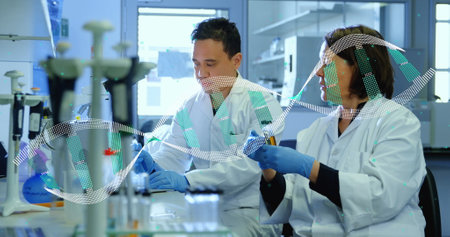 Image of dna helix over diverse scientists discussing about sample in laboratory. Digital composite, multiple exposure, research, anatomy, molecule, teamwork, medical and healthcare concept.の写真素材