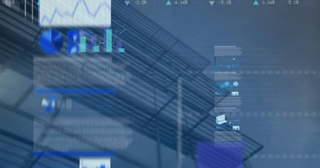 Image of statistical data processing against low angle view of tall building. Business data...