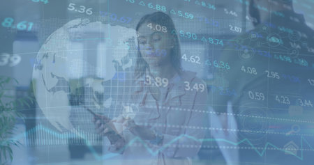 Image of stock market data processing and globe over diverse man and woman discussing at office. Global economy and business technology conceptの写真素材