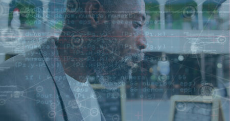 Image of data processing over network of connections and man in face. Global connections technology data processing and digital interface concept digitally generated image.の写真素材