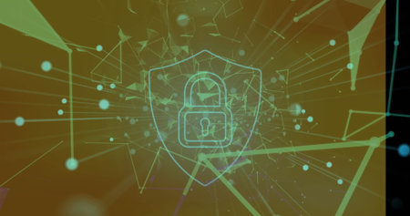 Image of security padlock icon and plexus networks floating against grey gradient background. Global...