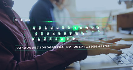 Image of data processing over caucasian businesswoman using laptop in office. Global business, finances, computing and data processing concept digitally generated image.の写真素材