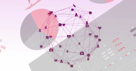 Image of medical icons connected with lines forming globe over infographic interface. Digitally generated, multiple exposure, database, report, futuristic, technology, healthcare.の写真素材