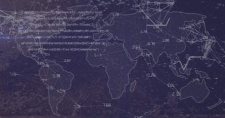World map shows numerical data and connection lines across continents. Lines and numbers suggesting data flow or communication between global regionsの写真素材