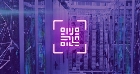 Image of neon qr code over server room in violet. communication, computers, servers and technology...
