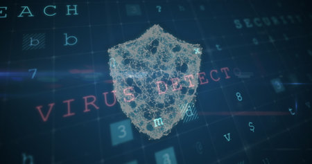 Image of changing numbers and letters over online shield. global internet security, data processing, connections and digital interface concept digitally generated image.の写真素材