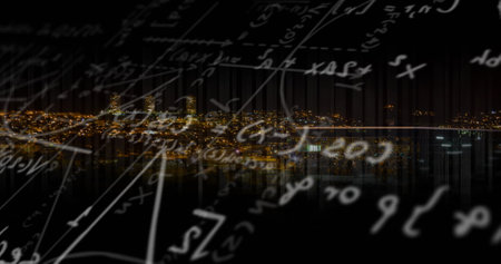Image of mathematical formulas over cityscape. global business, finances, digital interface and connections concept digitally generated image.の写真素材