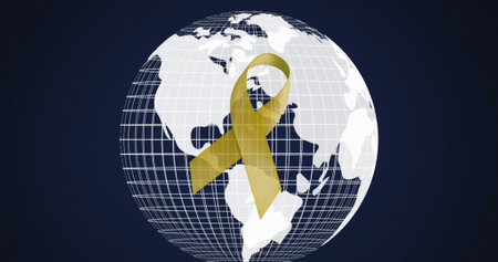 Image of yellow ribbon over spinning globe on blue background, copy space. World suicide prevention day concept digitally generated imageの写真素材