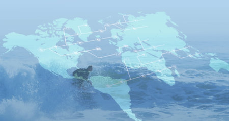 Image of world map and connections over caucasian male surfer surfing on waves. water sports, active lifestyle and vacations concept digitally generated image.の写真素材
