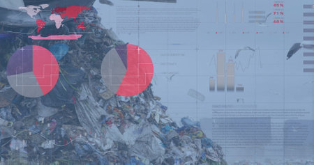 Image of financial data processing over landfill site, copy space. global business, finances and...
