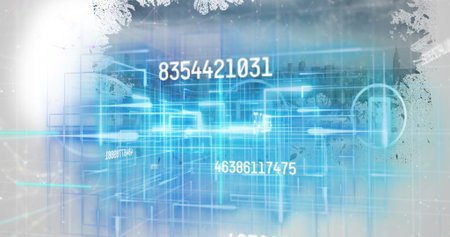 Image of data processing with light trails over cityscape. global business, data processing and...