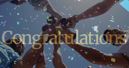 Image of congratulation text and confetti over friends having fun making toast. party and celebration concept digitally generated image.の写真素材