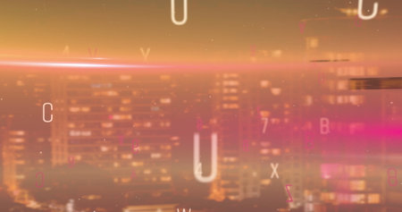 Image of falling numbers and letters over cityscape. global business, finances, digital interface...