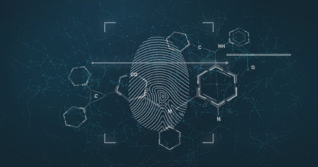 Image of chemical structures, biometric fingerprint, data processing over blue background. Global finance, business and science concept digitally generated image.の写真素材