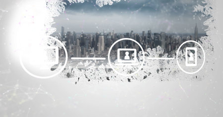 Image of data processing with light trails over cityscape. global business, data processing and digital interface concept digitally generated image.の写真素材