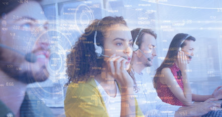 Image of statistics and data processing over business people using phone headsets. global business, finances, data processing and digital interface concept digitally generated image.の写真素材