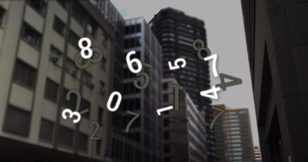Image of falling numbers over cityscape. global business, finances, digital interface and connections concept digitally generated image.の写真素材