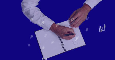 Image of flying letters over person writing in notebook. global business, finances, digital...