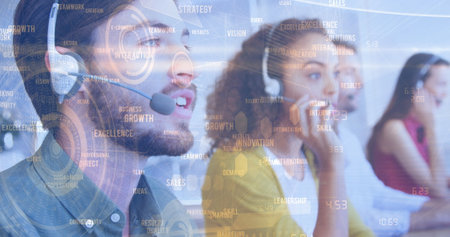 Image of statistics and data processing over business people using phone headsets. global business, finances, data processing and digital interface concept digitally generated image.の写真素材