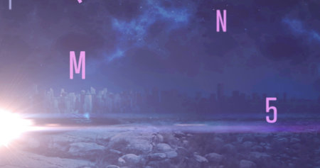 Image of falling numbers and letters over cityscape. global business, finances, digital interface and connections concept digitally generated image.の写真素材